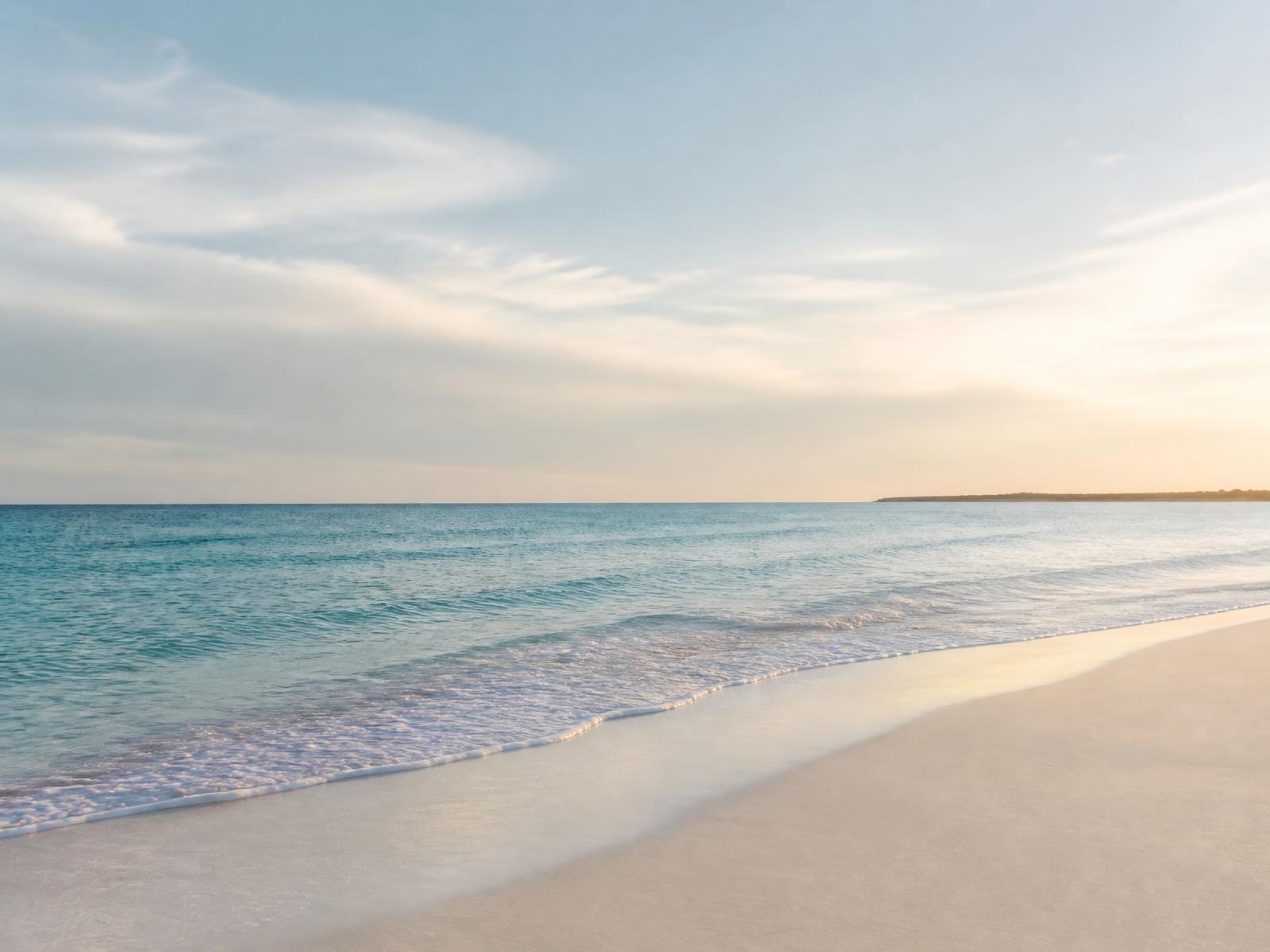 Turquoise sea meeting pale sand under a soft dawn sky