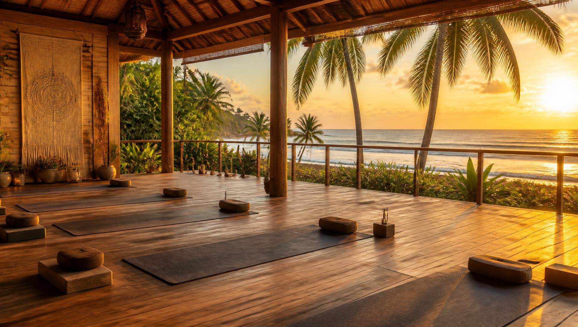 Open-air wooden yoga deck facing the ocean at golden hour